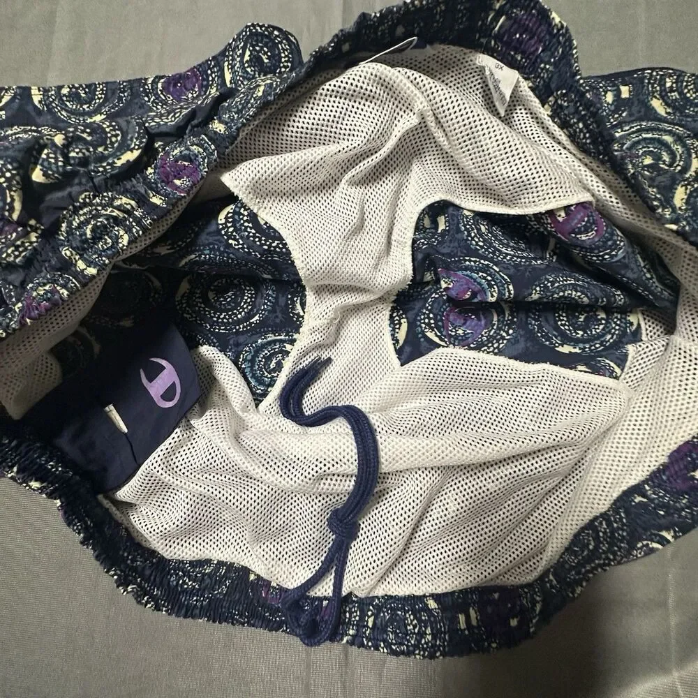 Vintage 90s Champion Swim Trunks Mens 3XL Lined Shorts Retro Swirl Print Navy